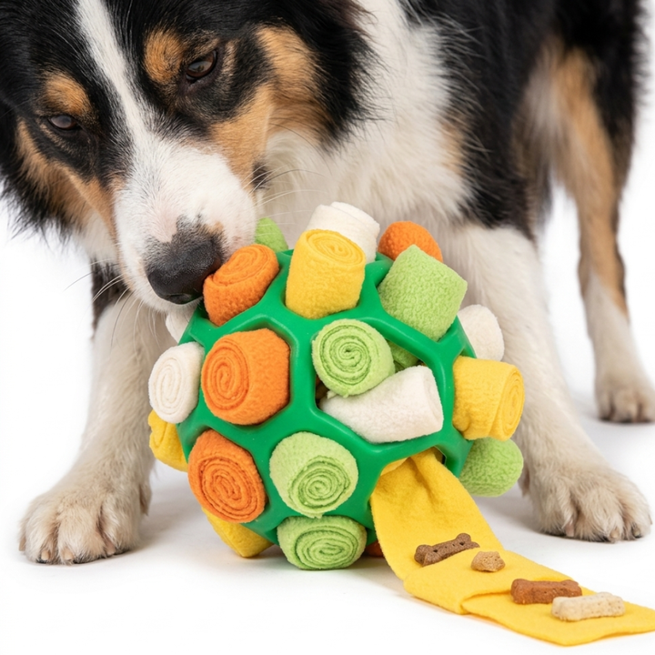 Kleiner Schnüffelball mit Riemen, ideal als Welpenspielzeug & für kleine Hunderassen.
