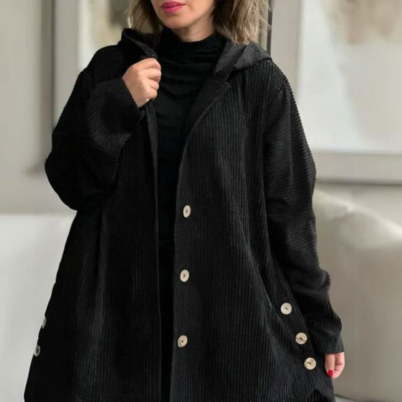 Warme Winterjacke für Damen aus Kordstoff mit Kapuze, klassischer Stil für kalte Tage.