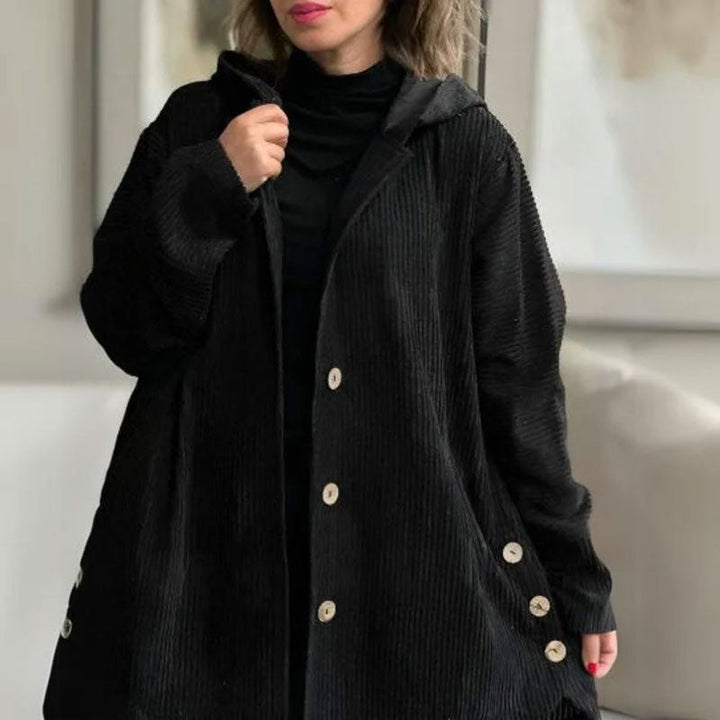 Warme Winterjacke für Damen aus Kordstoff mit Kapuze, klassischer Stil für kalte Tage.