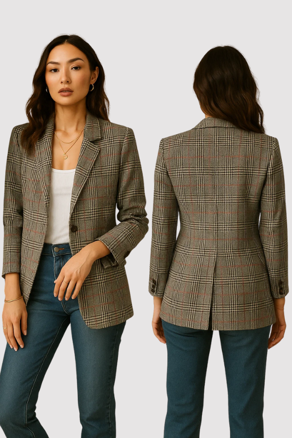 Trendiger karierter Damen Longblazer für einen eleganten und lässigen Stil, modische Jacke für Frauen.