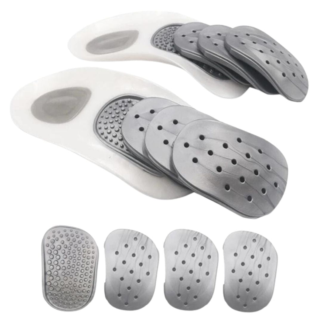 Detailansicht der orthopädischen Einlegesohlen. Ergonomische Fußgewölbestütze für Plantarfasziitis-Schmerzlinderung.