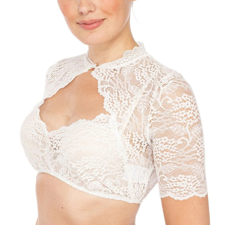 Elegante weiße Damen Dirndlbluse mit Kurzarm und femininem Ausschnitt für Oktoberfest und Volksfest.