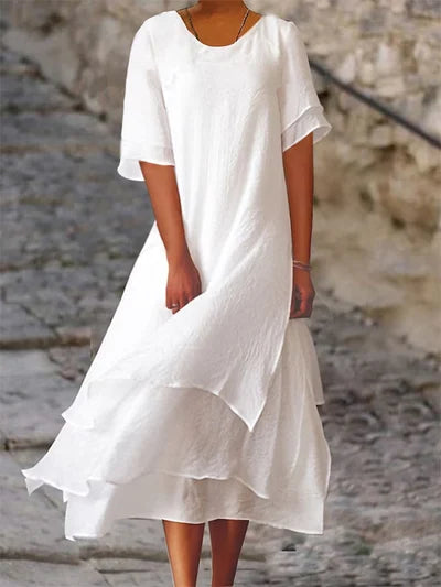 Luftiges Baumwoll-Leinen Sommerkleid Noémie für Damen in Weiß/Rosa. Perfektes, leichtes Freizeit- & Urlaubskleid.