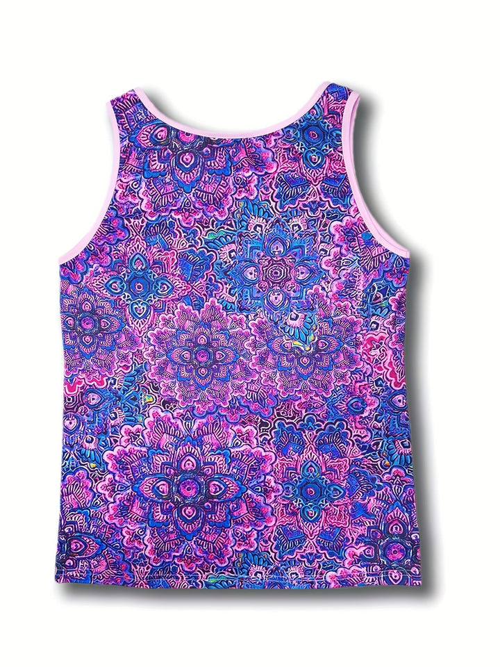 Ärmelloses Damen Tanktop mit Ethno-Muster. Sommer, lässig, V-Ausschnitt und Knopfleiste.