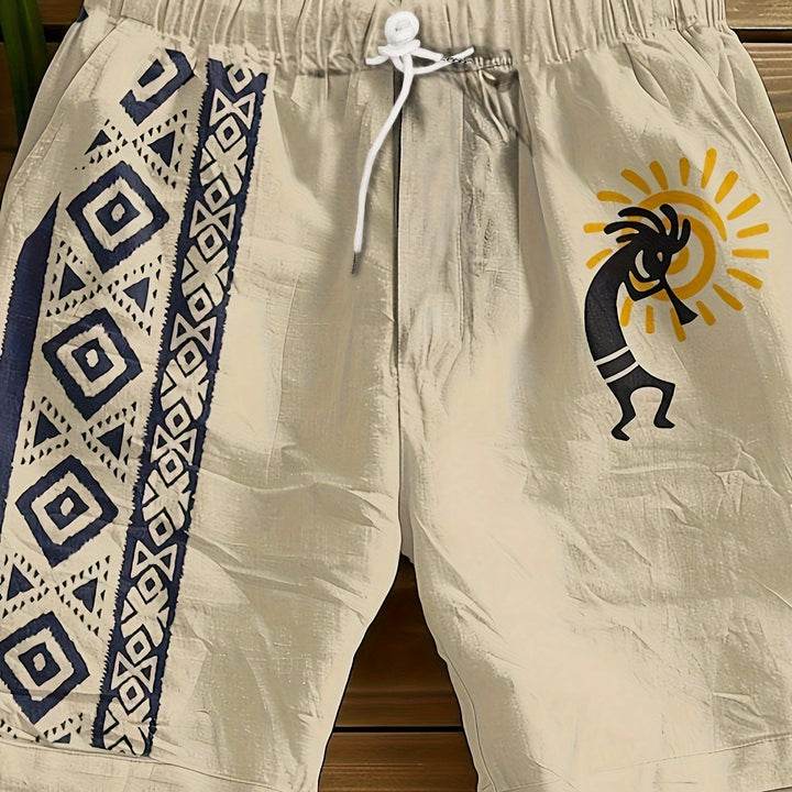Hochwertige Herren Ethno-Freizeitshorts in Khaki mit expressivem Künstler-Print, ideal für Strand & City.