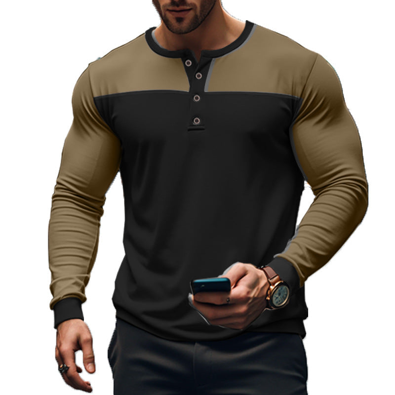 Herren Langarm Henley Shirt in modernem Color-Block Design, kombiniert verschiedene Farbtöne stilvoll.