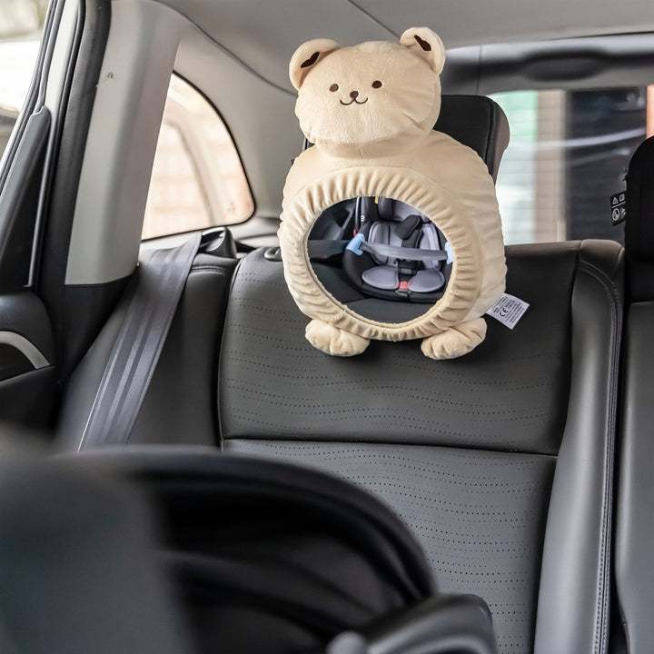 Baby Rücksitzspiegel mit Bärenmotiv. Sicherer Blick auf Kind im Auto. Kindersicherheit Zubehör.