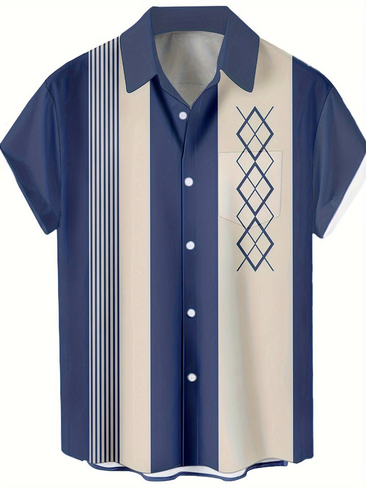 Herren Retro Bowlinghemd, gestreiftes Kurzarmhemd für lässigen Vintage-Look im Sommer und Freizeit.