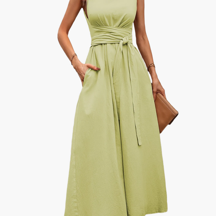 Eleganter Damen Overall ärmellos für Sommer & Frühling, mit Gürtel zur Betonung der Taille.