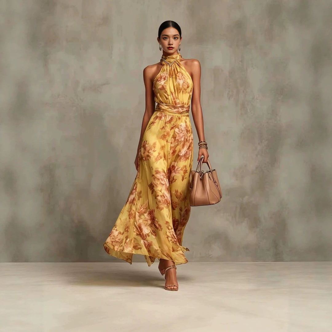 Damen ärmelloses Maxikleid mit auffälligem Print, Neckholder und hohem Bund, elegantes Sommer- und Urlaubskleid.