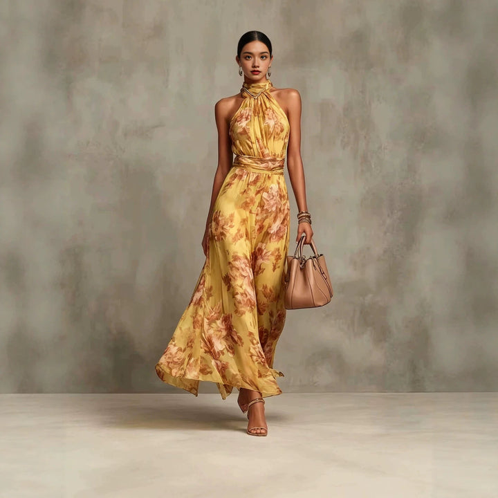 Damen ärmelloses Maxikleid mit auffälligem Print, Neckholder und hohem Bund, elegantes Sommer- und Urlaubskleid.