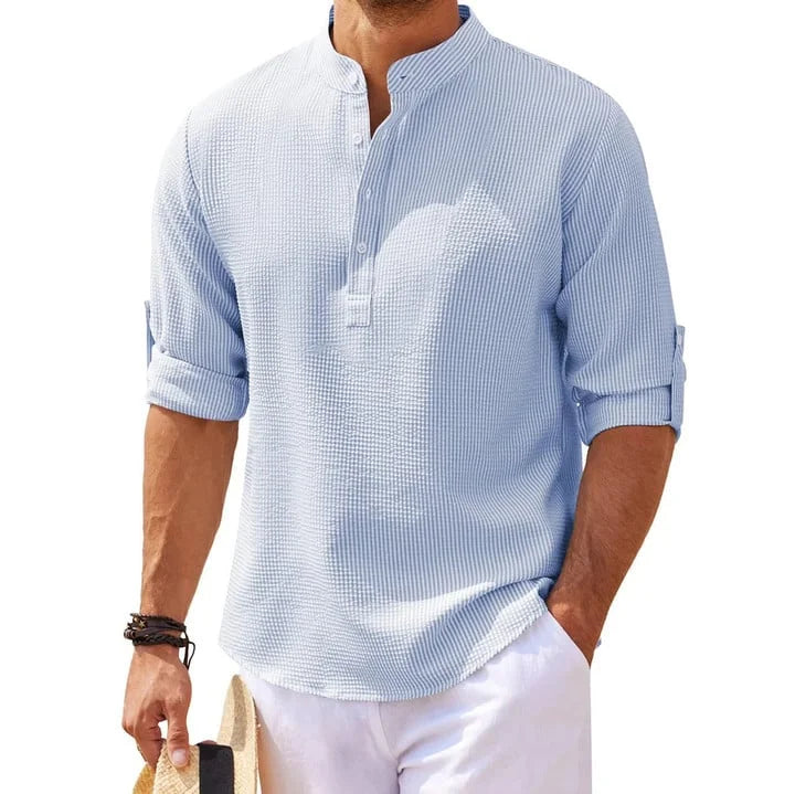 Komfortables Herren Langarmshirt für jeden Anlass. Zeitloses Design mit Stehkragen, perfekt für Frühling, Sommer & Herbst. Basic.