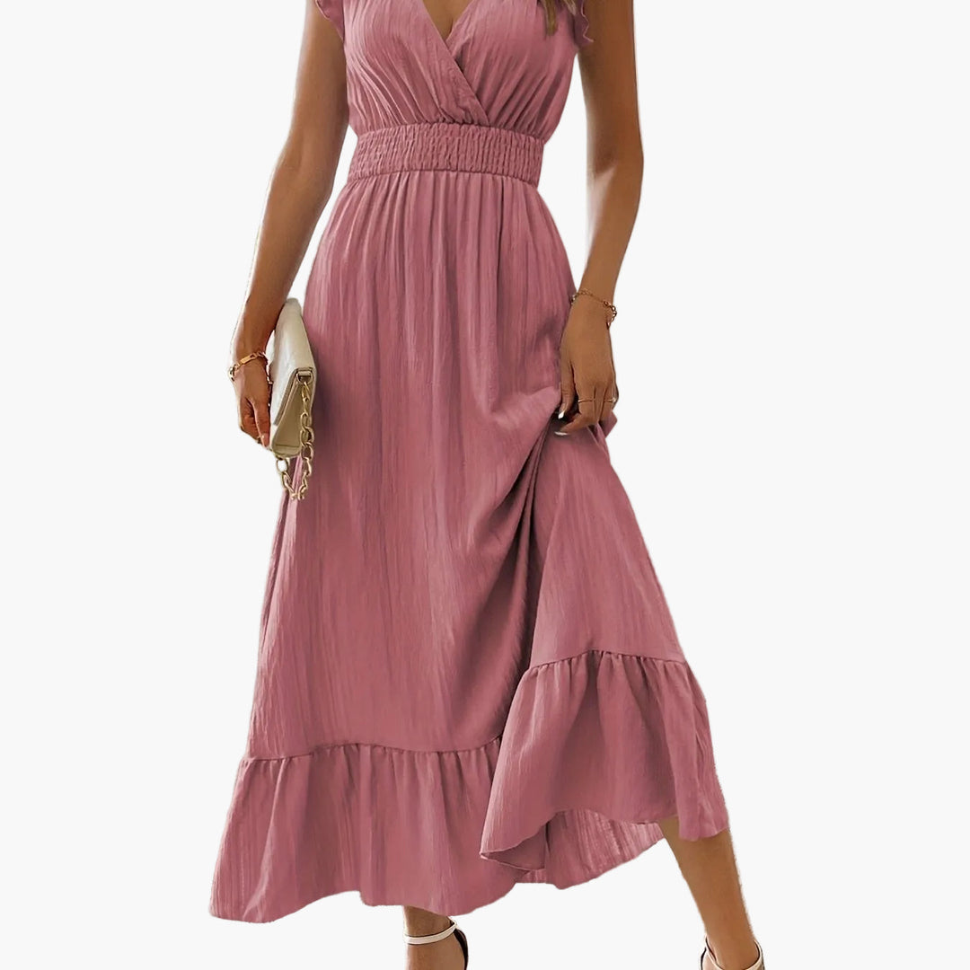 Freizeit-Maxikleid Damen: Schmeichelnd, mit Volantärmeln und V-Ausschnitt. Ideal für den Sommer.
