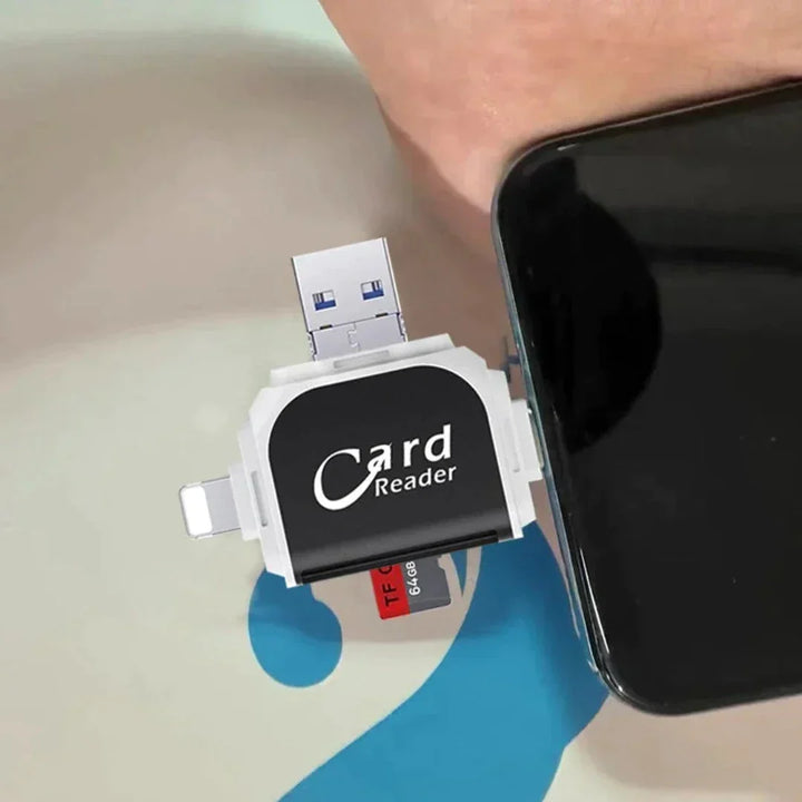 Vielseitiger 4-in-1 USB-Kartenleser zum schnellen Auslesen von SD, MicroSD, SDHC und SDXC Speicherkarten.