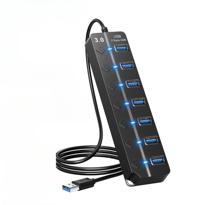 7-Port USB 3.0 Hub mit Netzschalter für PC & Laptop. Schnelle Datenübertragung & erweiterte Konnektivität.