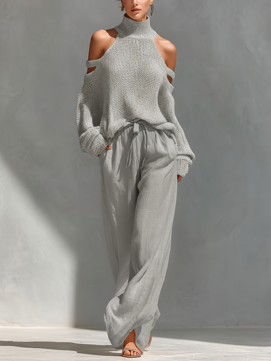 Komfortables Damen Co-Ord Set mit Off-Shoulder Turtleneck Top und weiten Hosen. Perfekt für Freizeitmode.