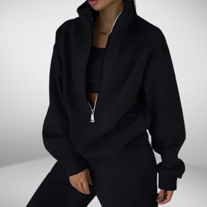 Modernes Damen 3-teiliges Trainingsanzug Set: bequeme Jacke, Hose & Crop Top. Ideal für Sport & Freizeit.