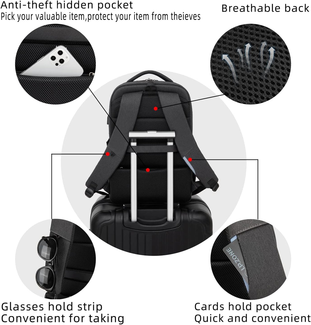 Unisex Reiserucksack, USB-Anschluss, Laptopfach, Organisationsfächer und Gepäckgurt.