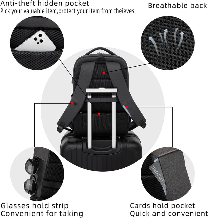 Unisex Reiserucksack, USB-Anschluss, Laptopfach, Organisationsfächer und Gepäckgurt.