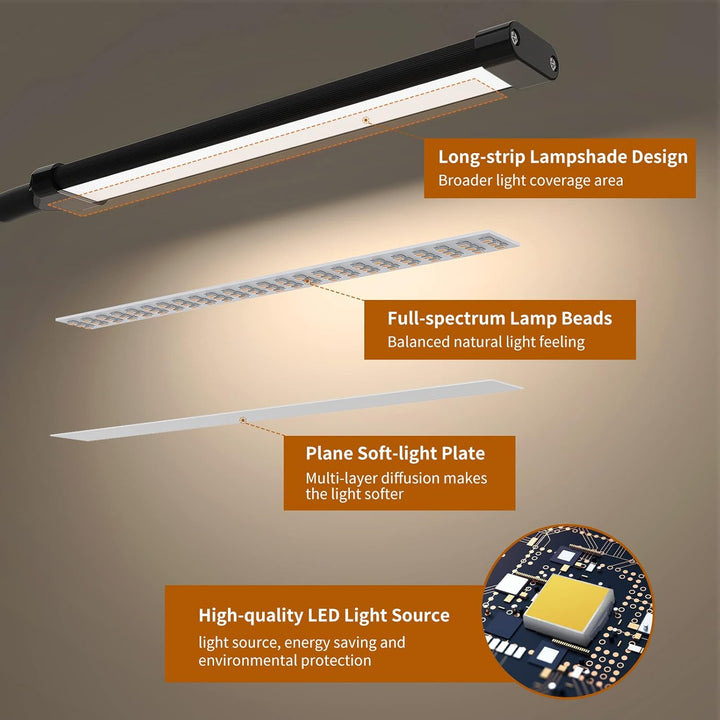 Schlanke LED-Büroleuchte mit Klemme und flexiblem Arm, USB-betrieben, dimmbar für optimale Arbeitsplatzbeleuchtung.