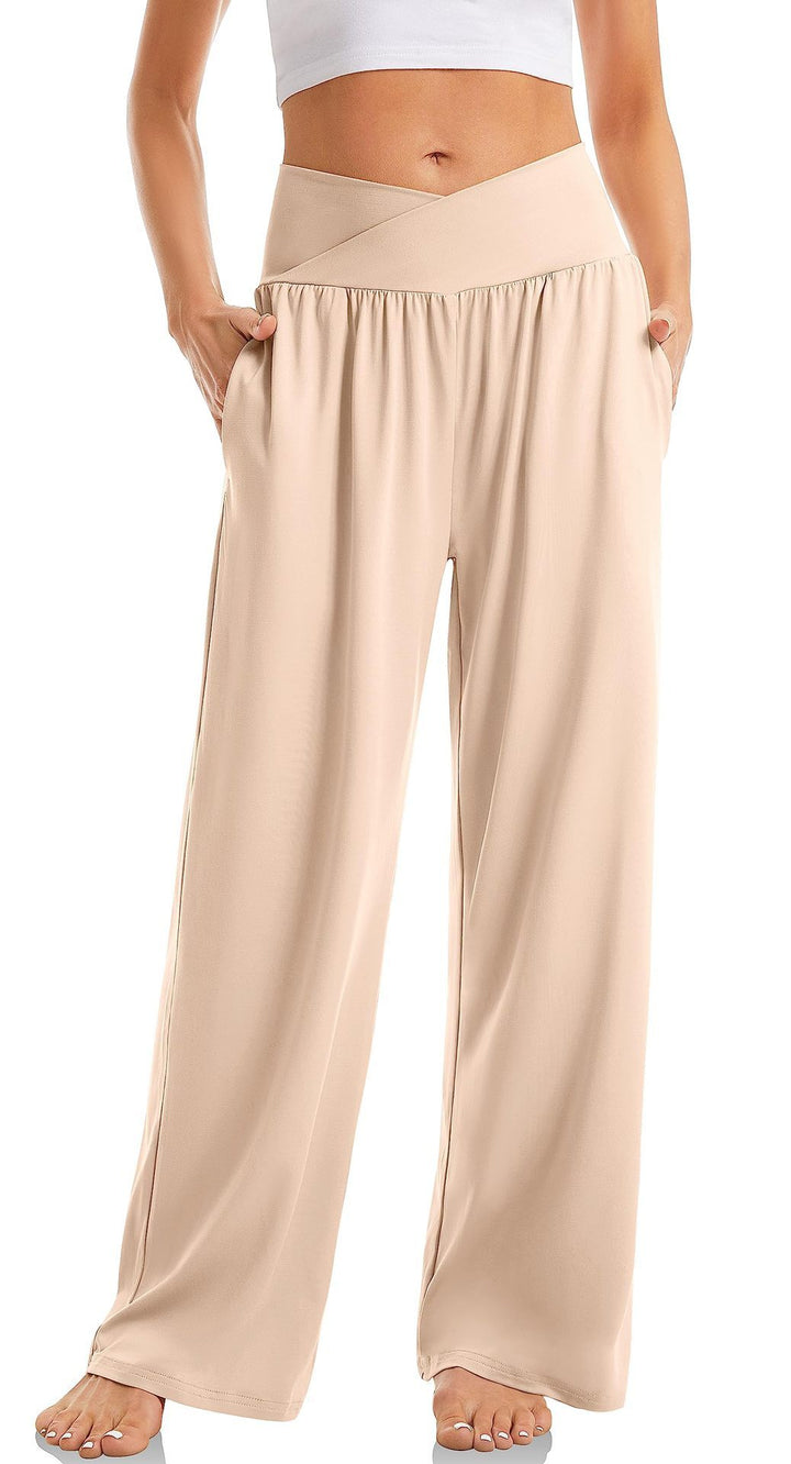 Modische Mavumo Damen Athleisure Hose: V-Bund, weites Bein & Taschen. Ideal für Yoga & entspannte Tage.