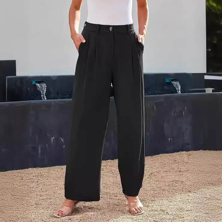 Schwarze Damen Businesshose mit hohem Bund & weitem Bein. Elegant für Büro & formelle Anlässe.