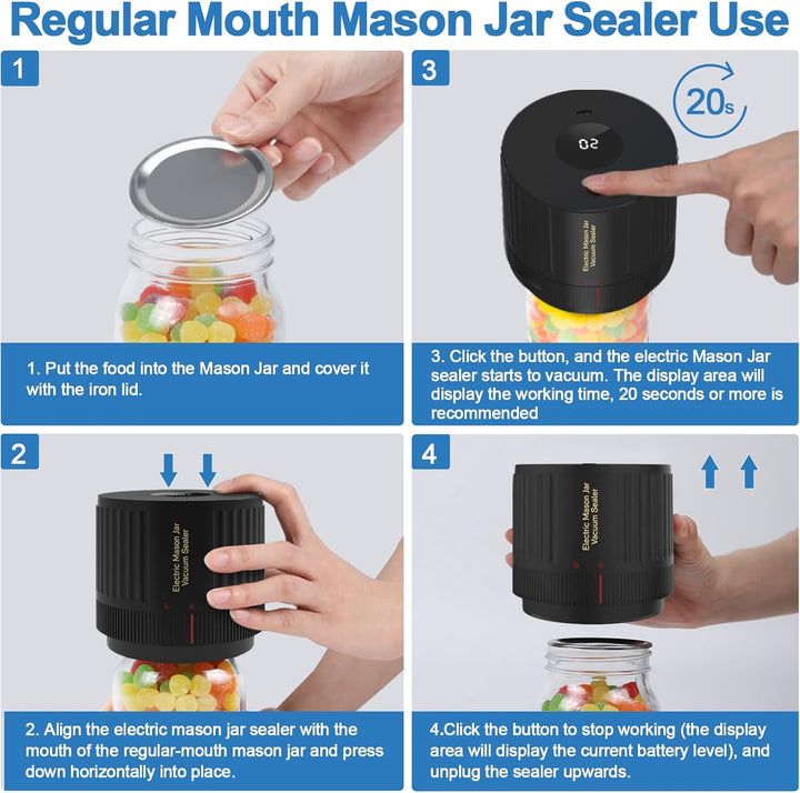 Schwarzer, elektrischer Mason Jar Vakuumierer; hält Ihre Lebensmittel aromareich und frei von Oxidation.