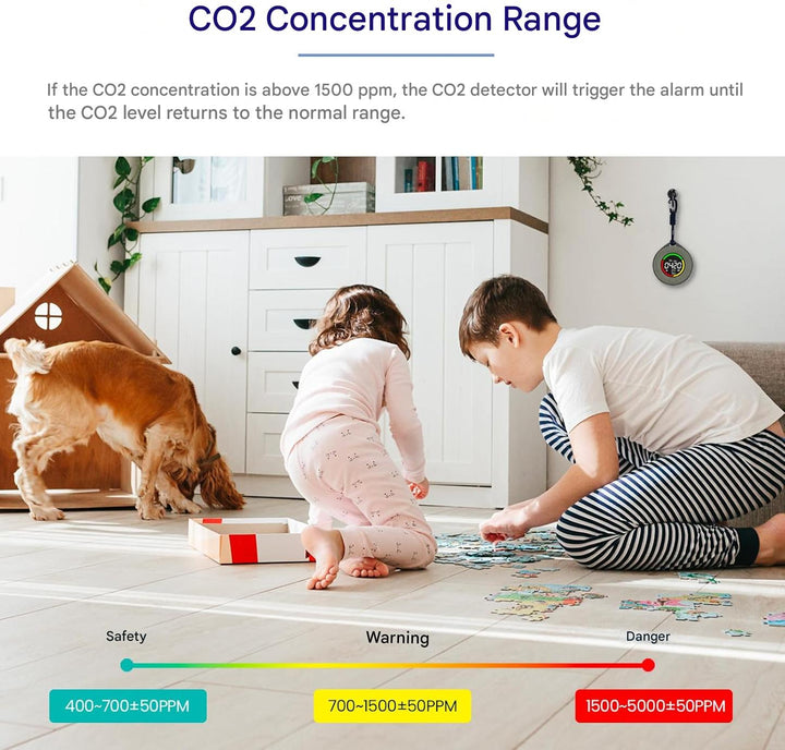 Tragbarer Aervent CO2-Detektor auf Tisch, überwacht Raumluftqualität für gesundes Wohnen & Büro.