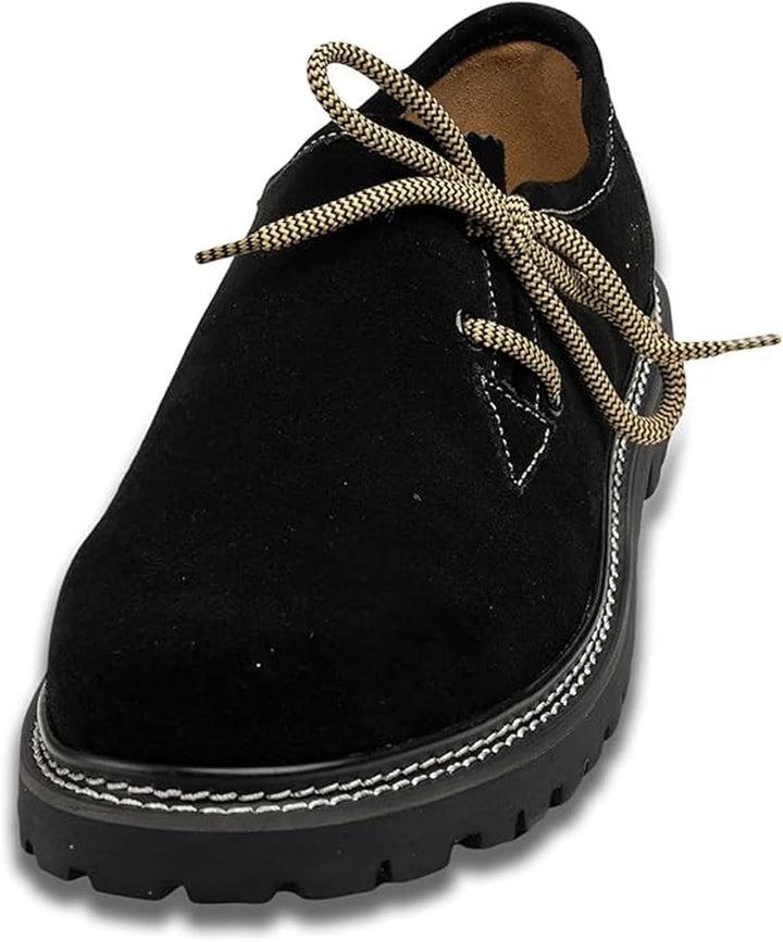 Detailansicht: Hochwertige braune Wildleder Haferlschuhe für Herren, traditioneller alpiner Trachtenstil.