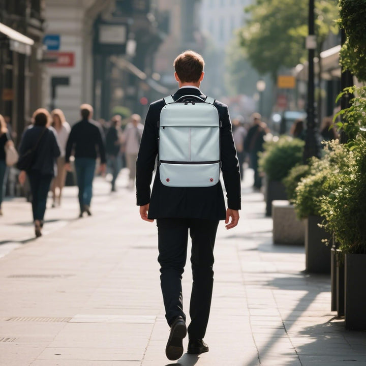 Innenansicht des Arvid Rucksacks: gut organisierte Fächer, Laptopfach & Kompressionsfunktion.