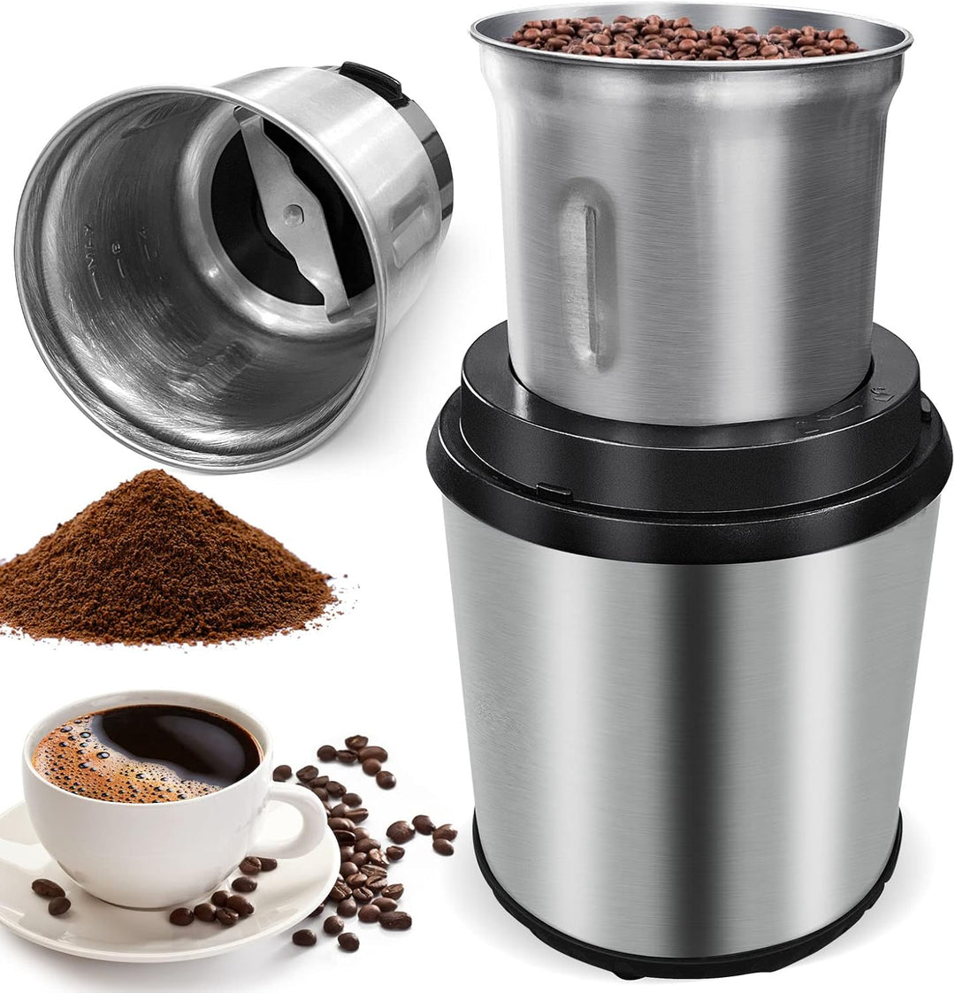 Elektrische BrewMate Kaffeemühle & Gewürzmühle mit abnehmbarem Edelstahlbecher für frischen Kaffee.