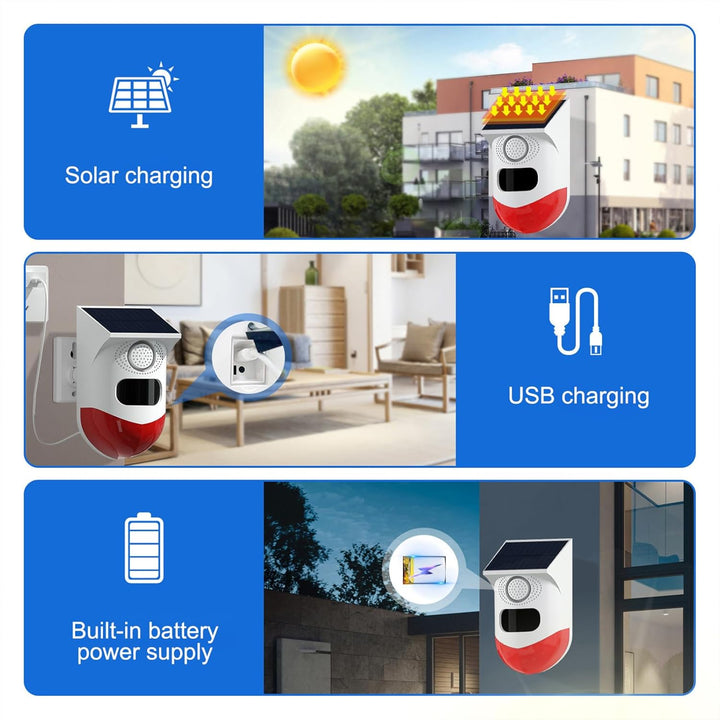 Solar-Warnsystem mit Bewegungsmelder, 120dB Sirene & Stroboskop für Gartensicherheit & Tierabwehr.