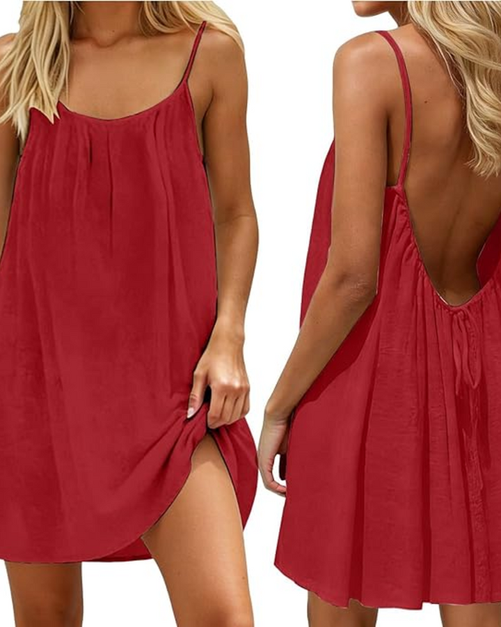 Feminin leichtes Damen Strandkleid mit offenem Rücken, Trägern. Perfekt für den Urlaub & heiße Sommertage.