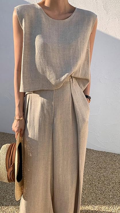 Bequemes Damen Set aus Leinen, ärmelloser Zweiteiler für entspannte Sommer-Freizeit und elegante Anlässe.