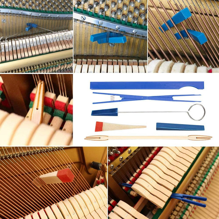 Detailaufnahme des Klavierstimmhammers und der Dämpfer aus dem 16-teiligen Musikzubehör-Kit.