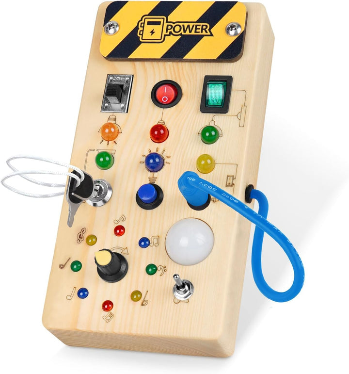 Hochwertiges Babyspielzeug: Montessori Holz-LED-Aktivitätsbrett mit 8 leuchtenden Tasten zur Entwicklung von Feinmotorik.
