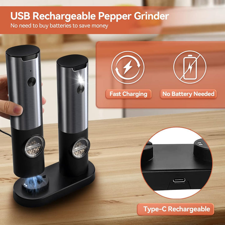 Elegante silberne elektrische Gewürzmühlen mit Beleuchtung; perfekt für Salz, Pfeffer & Kochen.