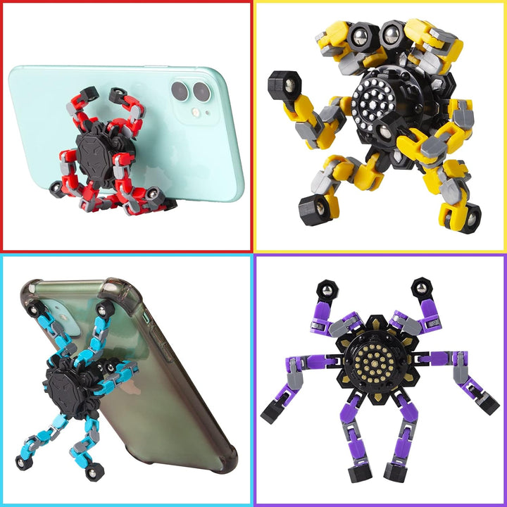 Vier bunte, verformbare Fidget Spinner, ideal für sensorische Stimulation, Stressabbau und Autismus-Therapie.