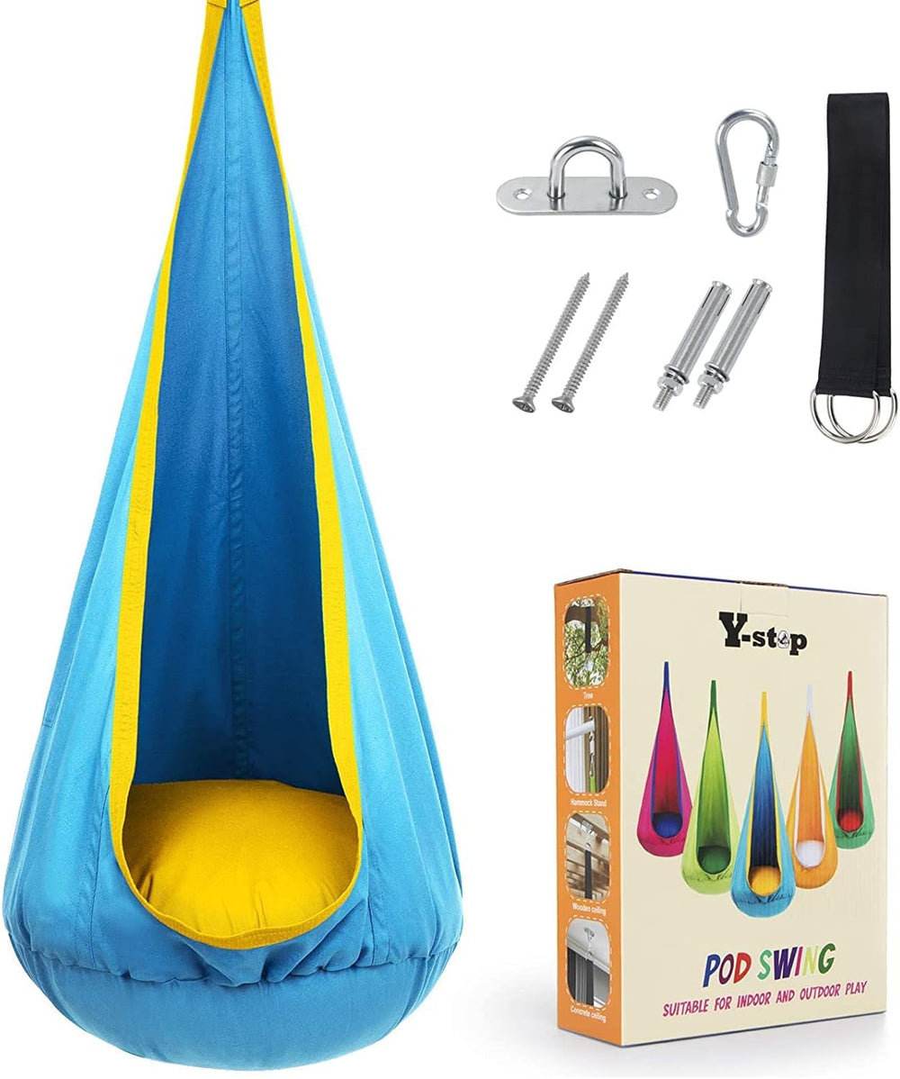 Farbenfroher Kinder Hängesessel mit Kissen, perfekt für entspannte Stunden im Kinderzimmer.