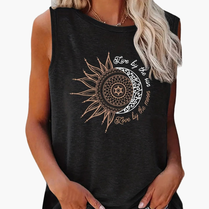 Damenmode Sommer: Tanktop mit spirituellem Sonne-Mond Mandala Print, ärmellos, locker.