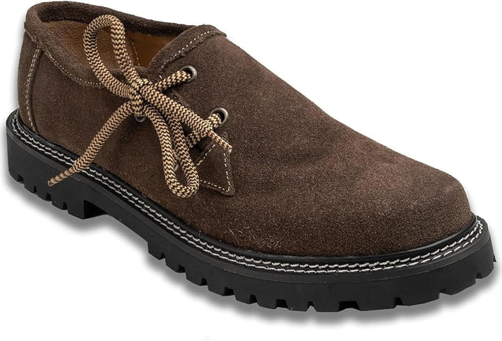 Textur: Feines Wildleder der braunen Herren Haferlschuhe, traditioneller Trachtenstil für Komfort & Feste.
