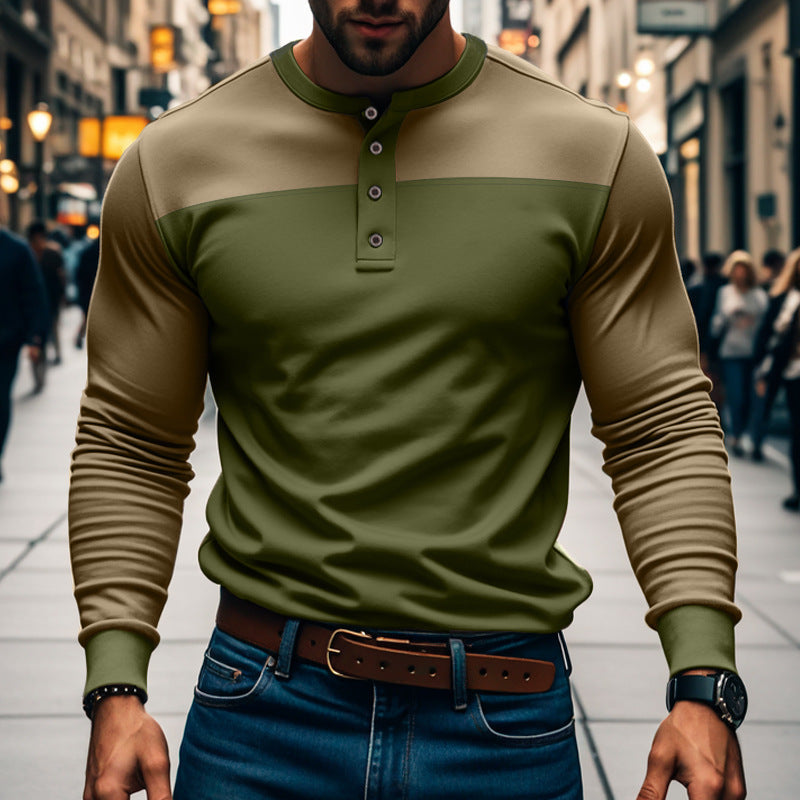 Herren Langarm Henley Shirt mit klassischer Knopfleiste und Color-Block Design, perfekt für einen lässigen Look.