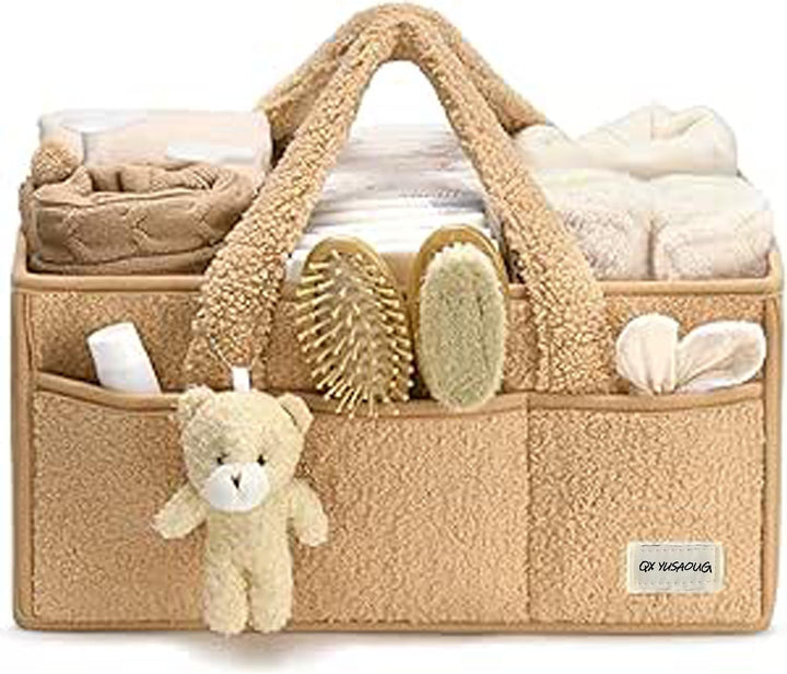 Plüsch Sherpa Organizer für Windeln, Feuchttücher und Babypuder.