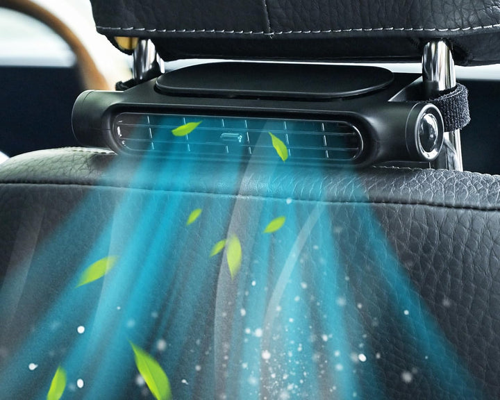 Moderner USB Auto Kühlventilator, 3 Geschwindigkeiten, flügellos, für Kopfstütze. Erhöht Reise Komfort im Auto.