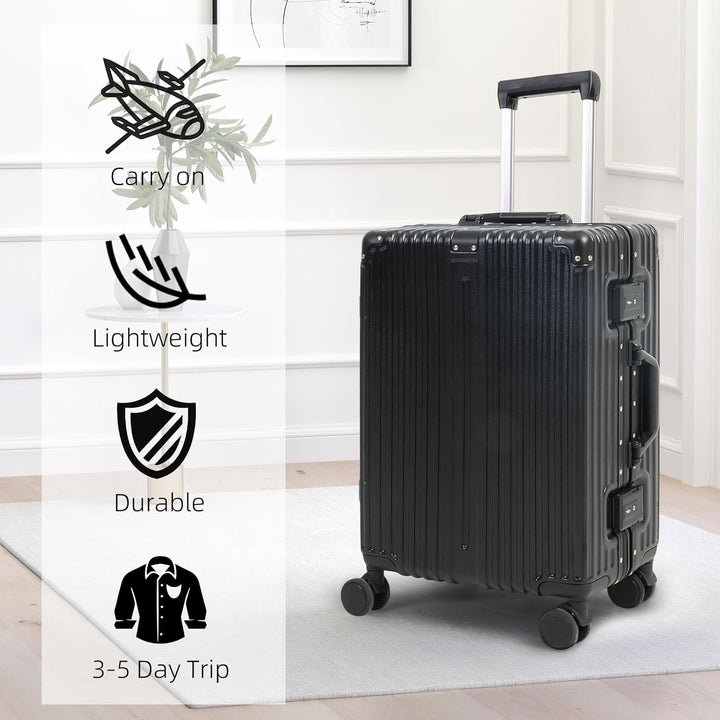 Aluminiumrahmen Handgepäck mit leichtgängigen 360° Rollen und TSA-Schloss; ideal für müheloses Manövrieren.