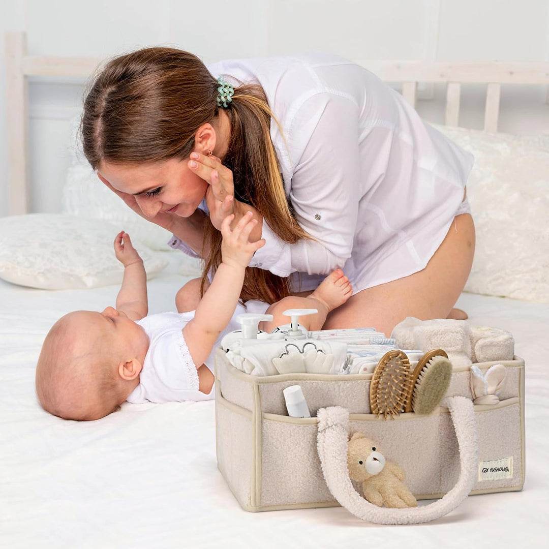 Baby Windel Organizer Caddy aus Sherpa Plüsch für die Babyausstattung.