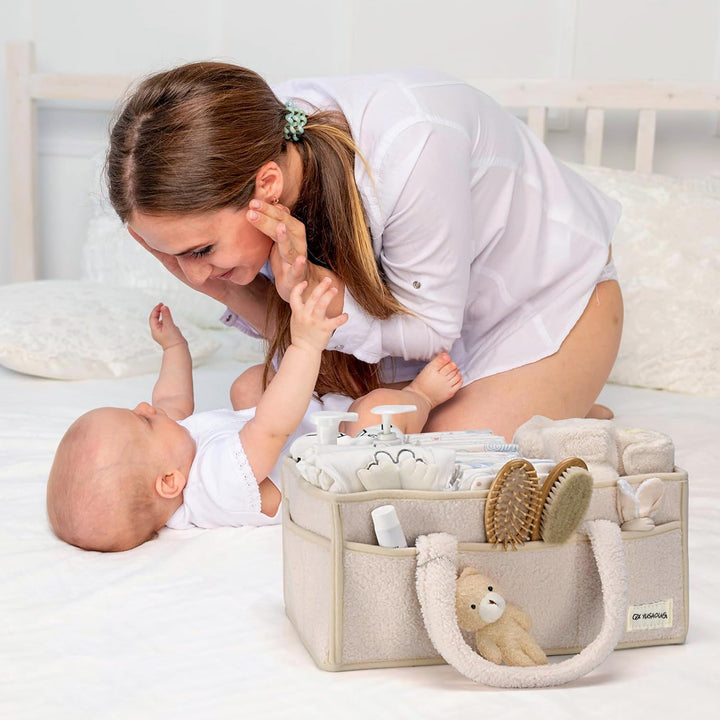 Baby Windel Organizer Caddy aus Sherpa Plüsch für die Babyausstattung.
