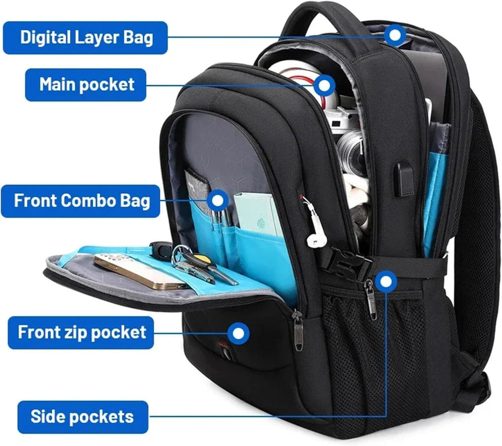 Organisiertes Inneres des Reiserucksacks mit gepolstertem Laptopfach und diversen Taschen.