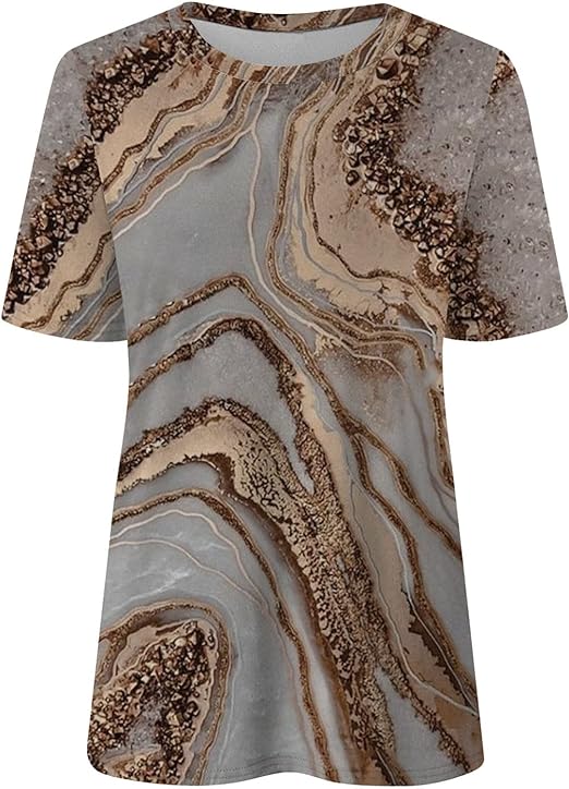 Damen Sommershirt: Marmormuster, V-Ausschnitt, locker und bequem. Trendiges Kurzarmshirt.