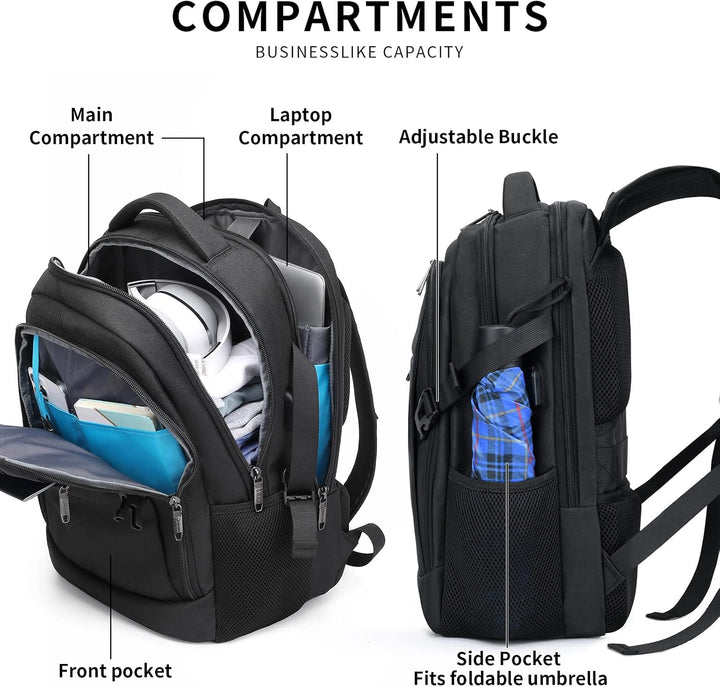 Wasserdichter Tagesrucksack mit USB-Anschluss und sicherem Fach für Laptops.